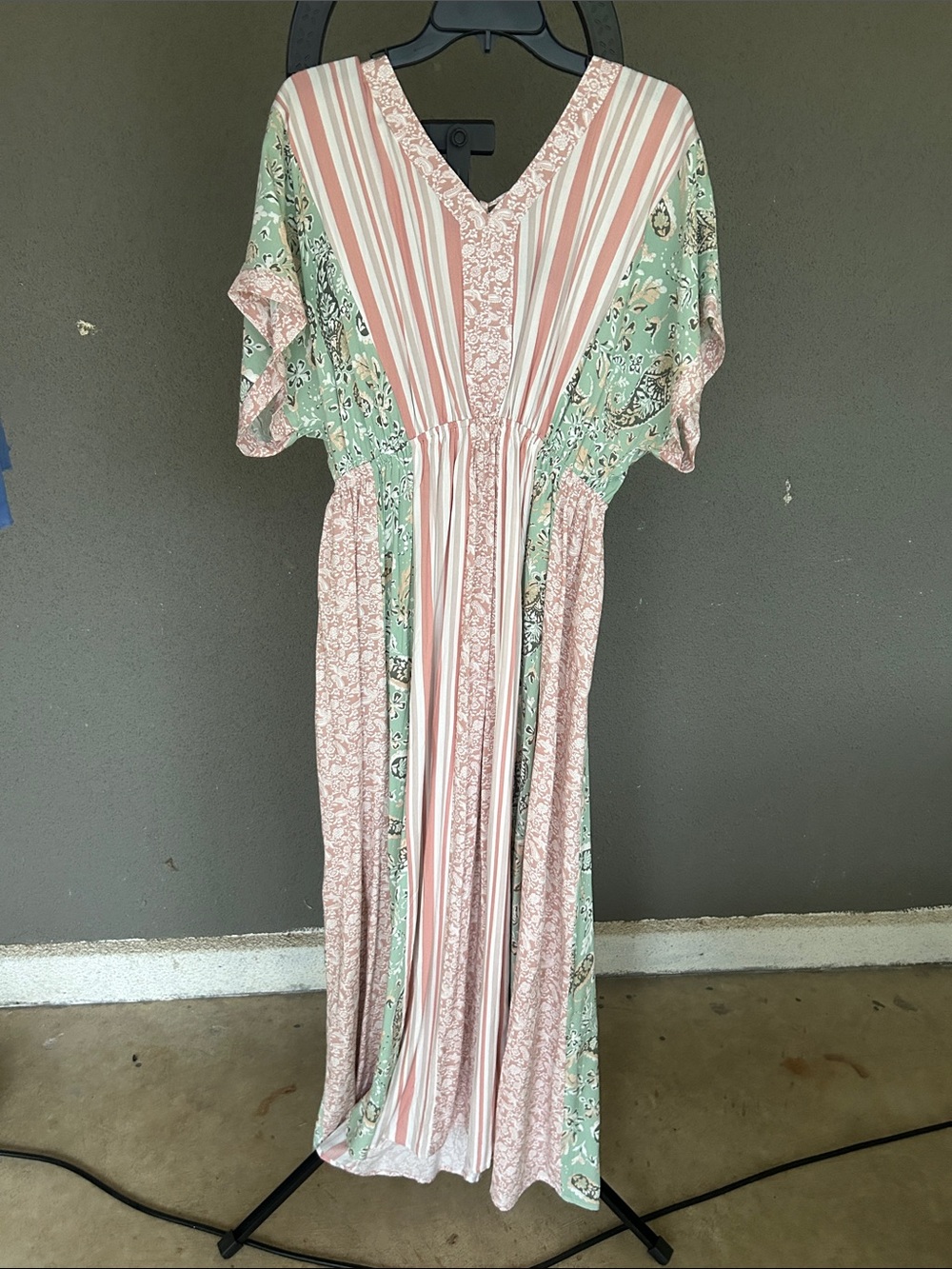 V-Neck Boho Maxi Dress in Mint Green and Blush Pink